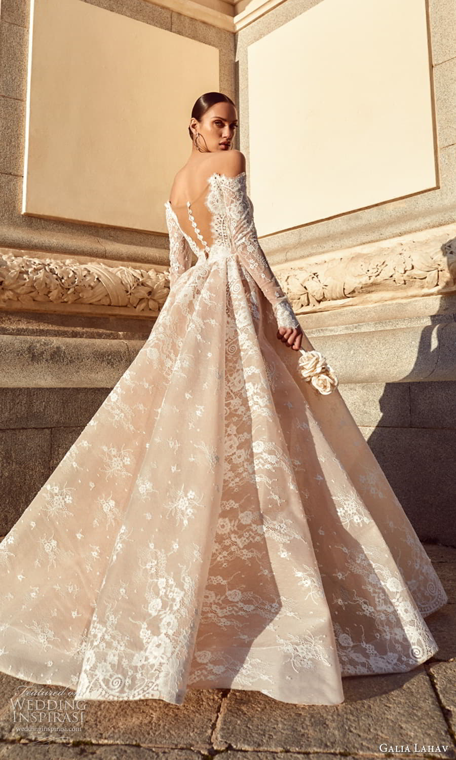 galia lahav spring 2024 couture bridal long sleeve off shoulder neckline fully embellished lace a line ball gown wedding dress chapel train (7) bv