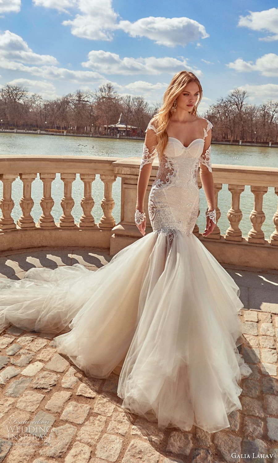 galia lahav spring 2024 couture bridal sheer long sleeve detachable skirt fit flare wedding dress chapel train (3) mv