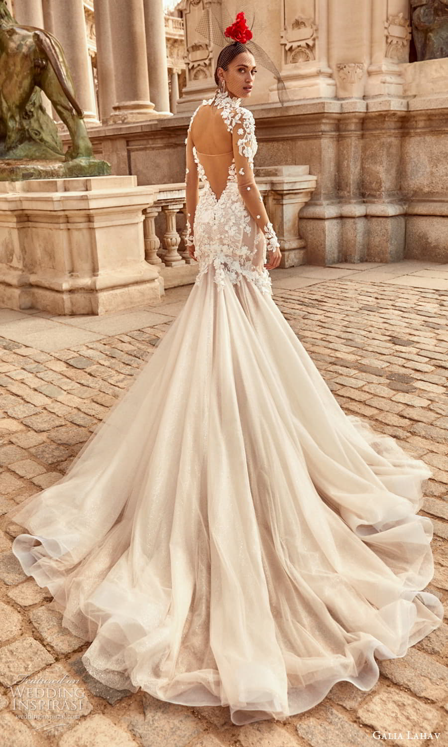 galia lahav spring 2024 couture bridal sheer long sleeve high neckline strapless sweetheart neckline fully embellished sheath wedding dress chapel train keyhole back (1) bv