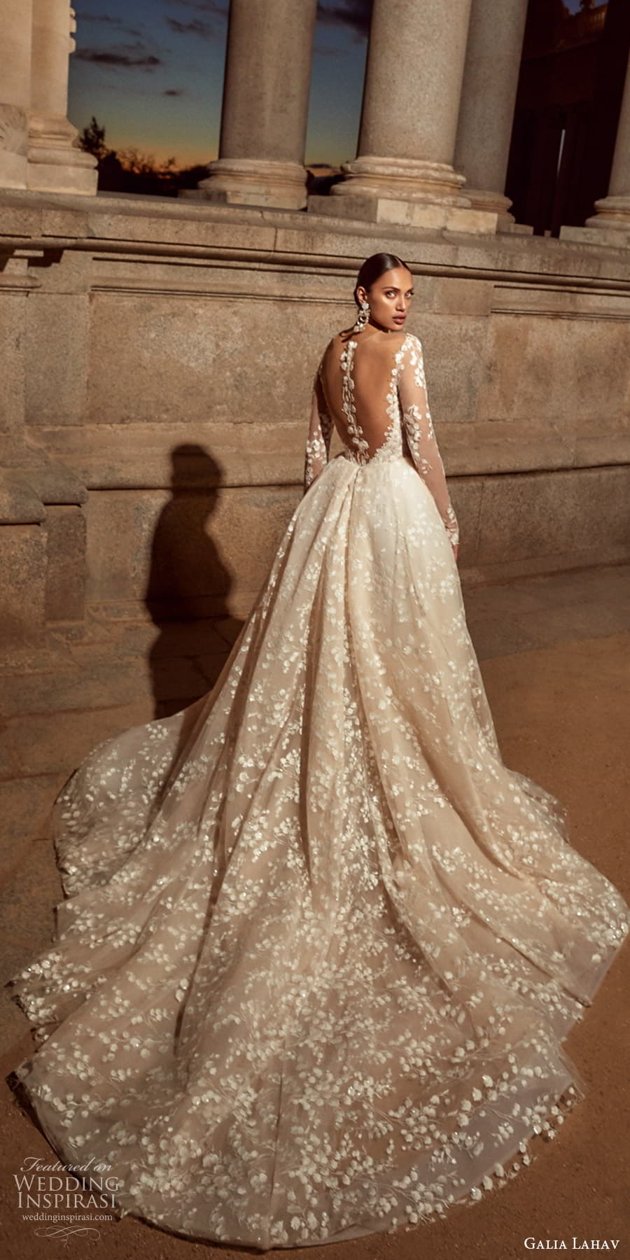 galia lahav spring 2024 couture bridal sheer long sleeve plunging v neckline fully embellished lace a line wedding dress chapel train (12) bv