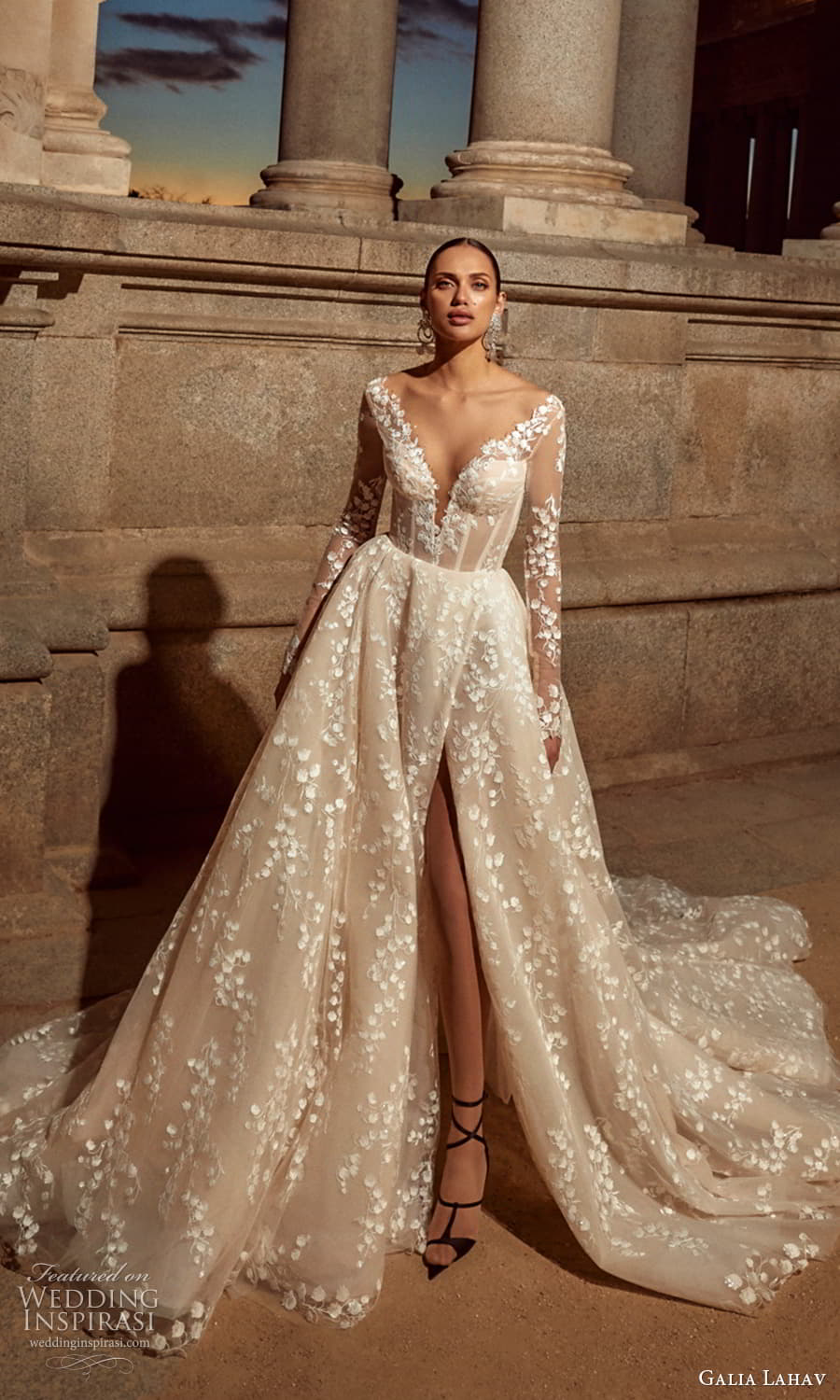 galia lahav spring 2024 couture bridal sheer long sleeve plunging v neckline fully embellished lace a line wedding dress chapel train (12) mv