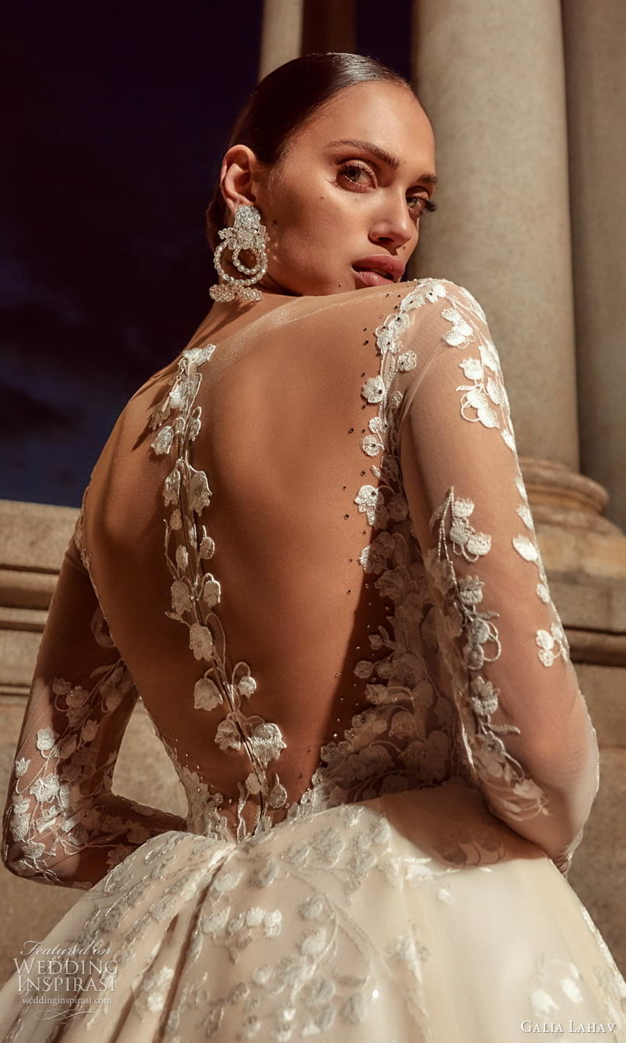 galia lahav spring 2024 couture bridal sheer long sleeve plunging v neckline fully embellished lace a line wedding dress chapel train (12) zbv