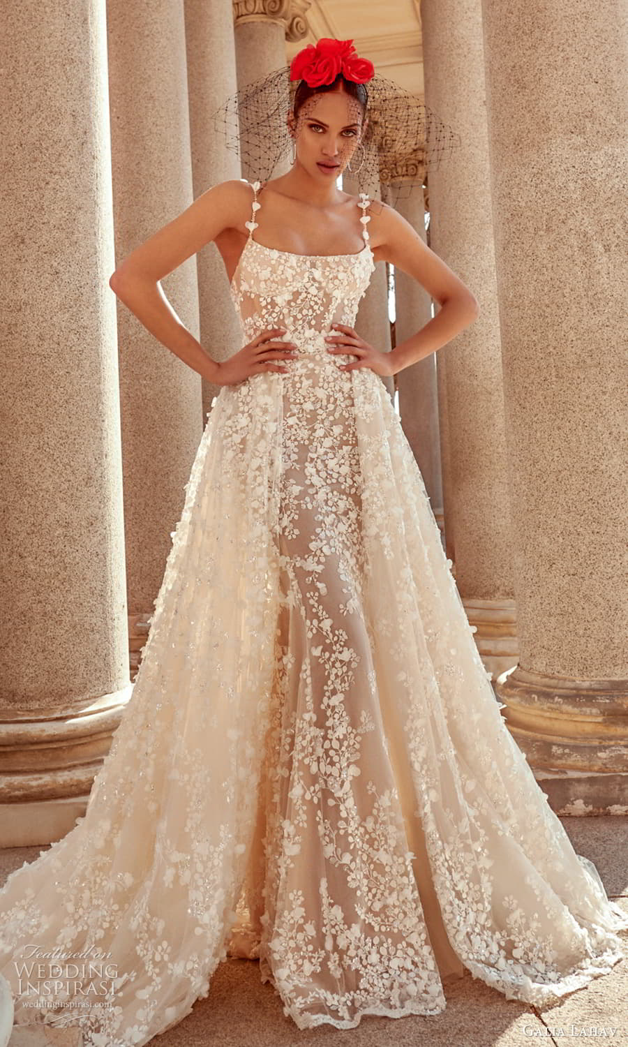 galia lahav spring 2024 couture bridal sleeveless beaded straps square neckline fully embellished sheath wedding dress a line overskirt chapel train (5) mv galia lahav spring 2024 couture bridal sleeveless beaded straps square neckline fully embellished sheath wedding dress a line overskirt chapel train (5) mv