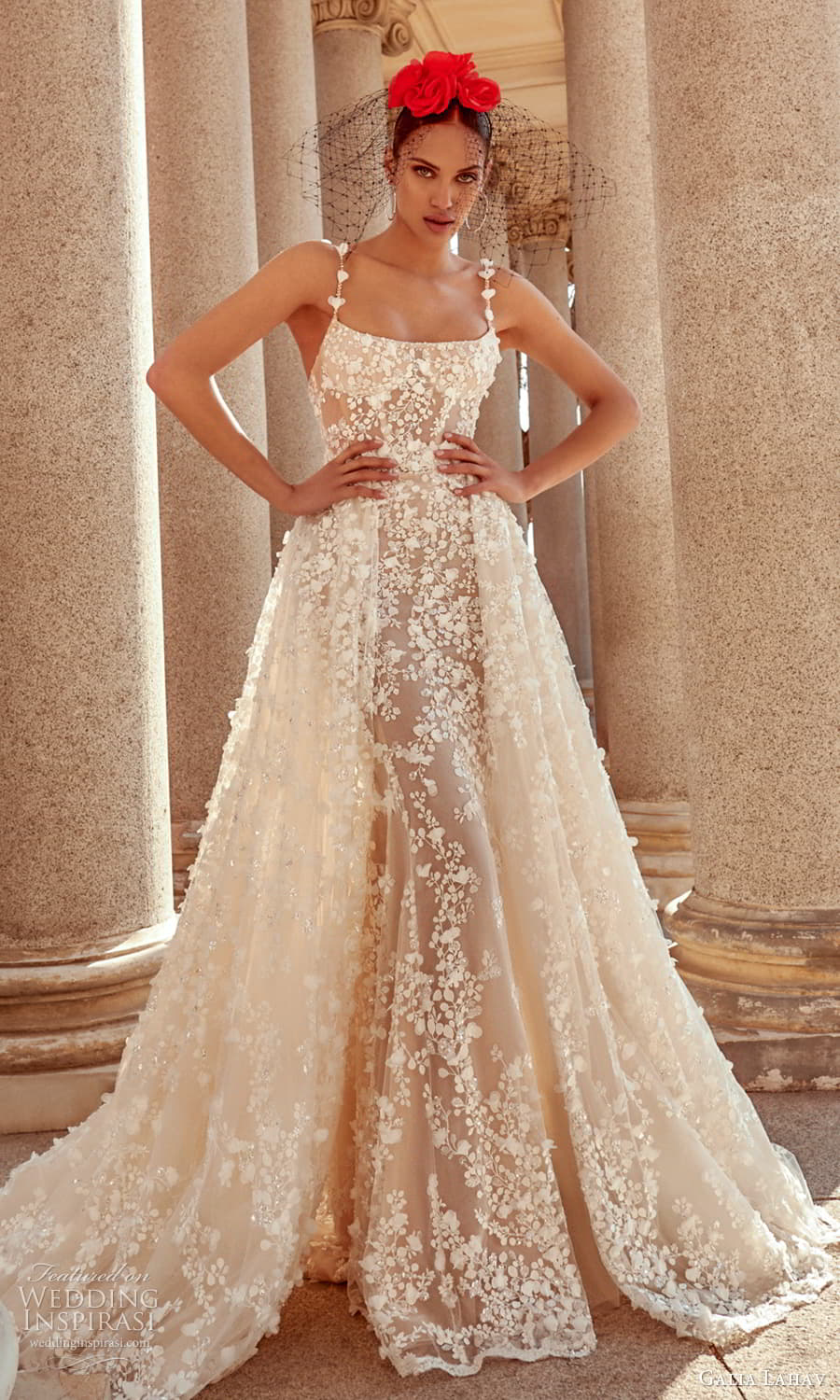 galia lahav spring 2024 couture bridal sleeveless beaded straps square neckline fully embellished sheath wedding dress a line overskirt chapel train (5) mv