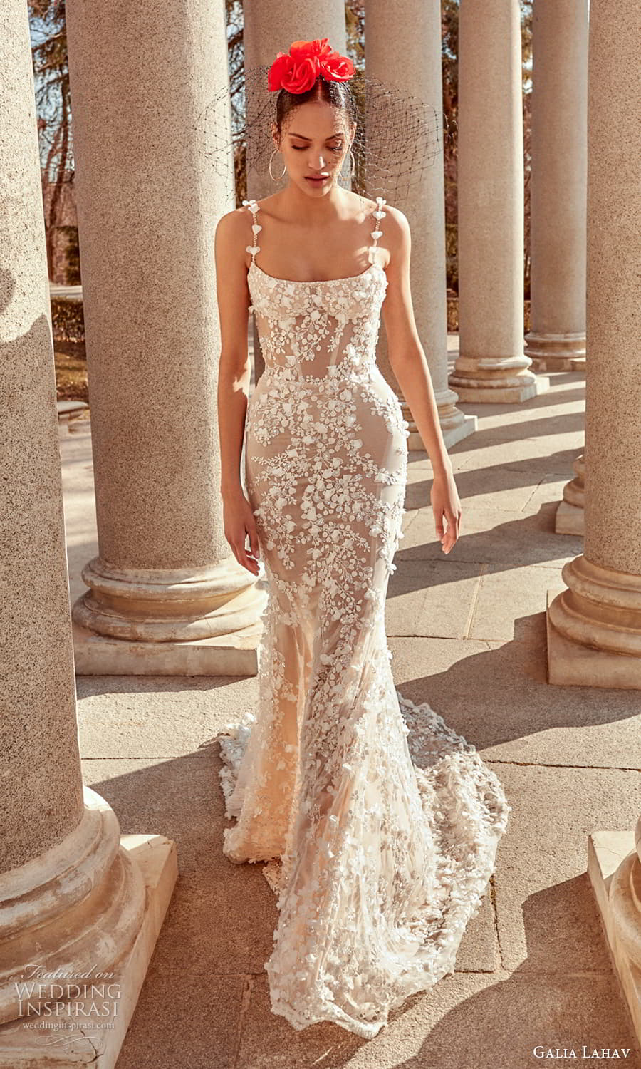 galia lahav spring 2024 couture bridal sleeveless beaded straps square neckline fully embellished sheath wedding dress chapel train (5) mv