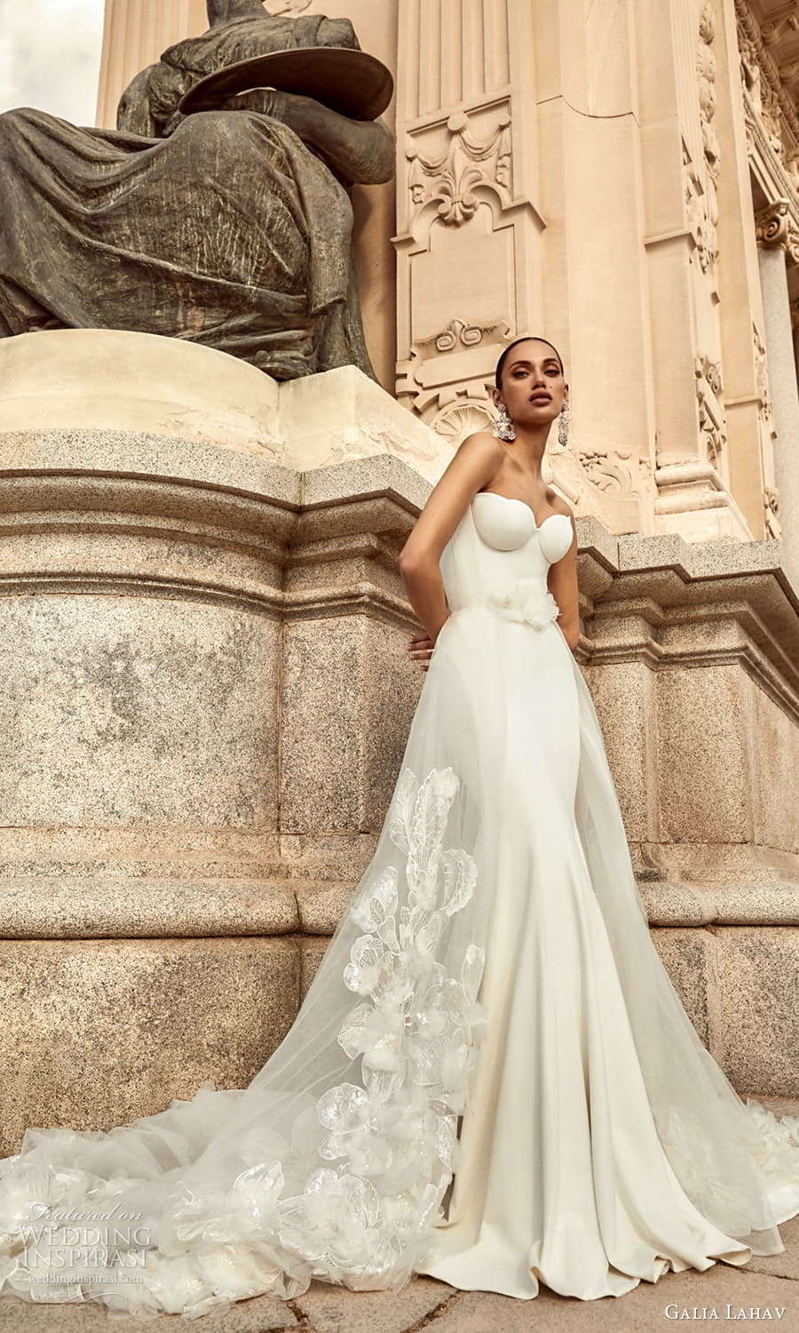 galia lahav spring 2024 couture bridal strapless sweetheart neckline clean minimalist fit flare sheath wedding dress chapel train a line overskirt (10) mv galia lahav spring 2024 couture bridal strapless sweetheart neckline clean minimalist fit flare sheath wedding dress chapel train a line overskirt (10) mv