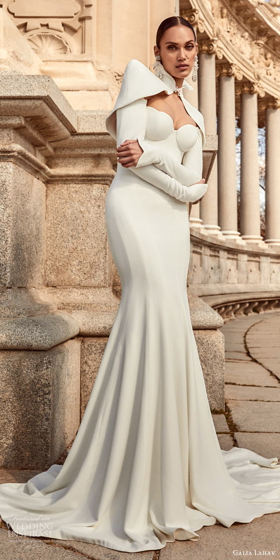 galia lahav spring 2024 couture bridal strapless sweetheart neckline clean minimalist fit flare sheath wedding dress chapel train long sleeve jacket (10) mv