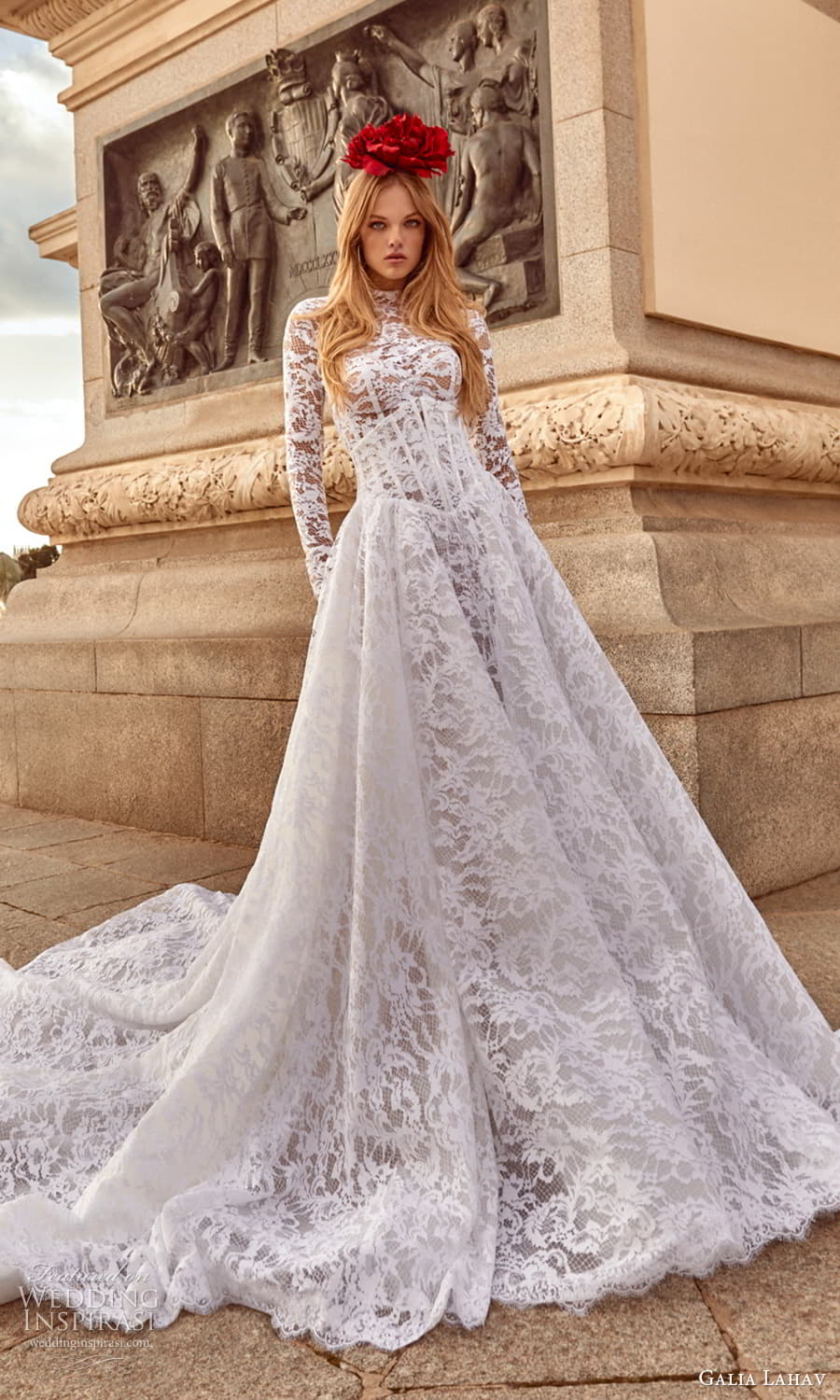 galia lahav spring 2024 couture bridal strapless sweetheart neckline fully embellished lace sheath wedding dress a line overskirt chapel train (2) mv