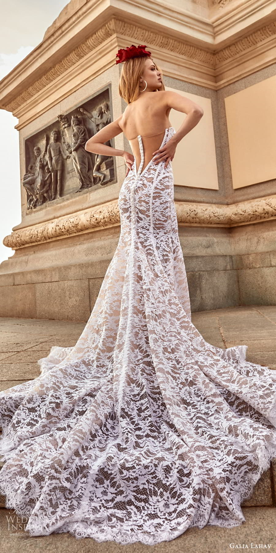 galia lahav spring 2024 couture bridal strapless sweetheart neckline fully embellished lace sheath wedding dress chapel train shee back (2) bv