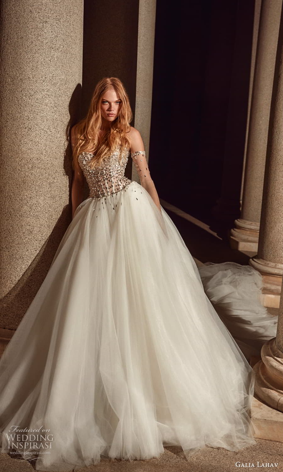 galia lahav spring 2024 couture bridal strapless sweetheart neckline heavily embellished bodice clean skirt a line ball gown wedding dress chapel train (13) mv
