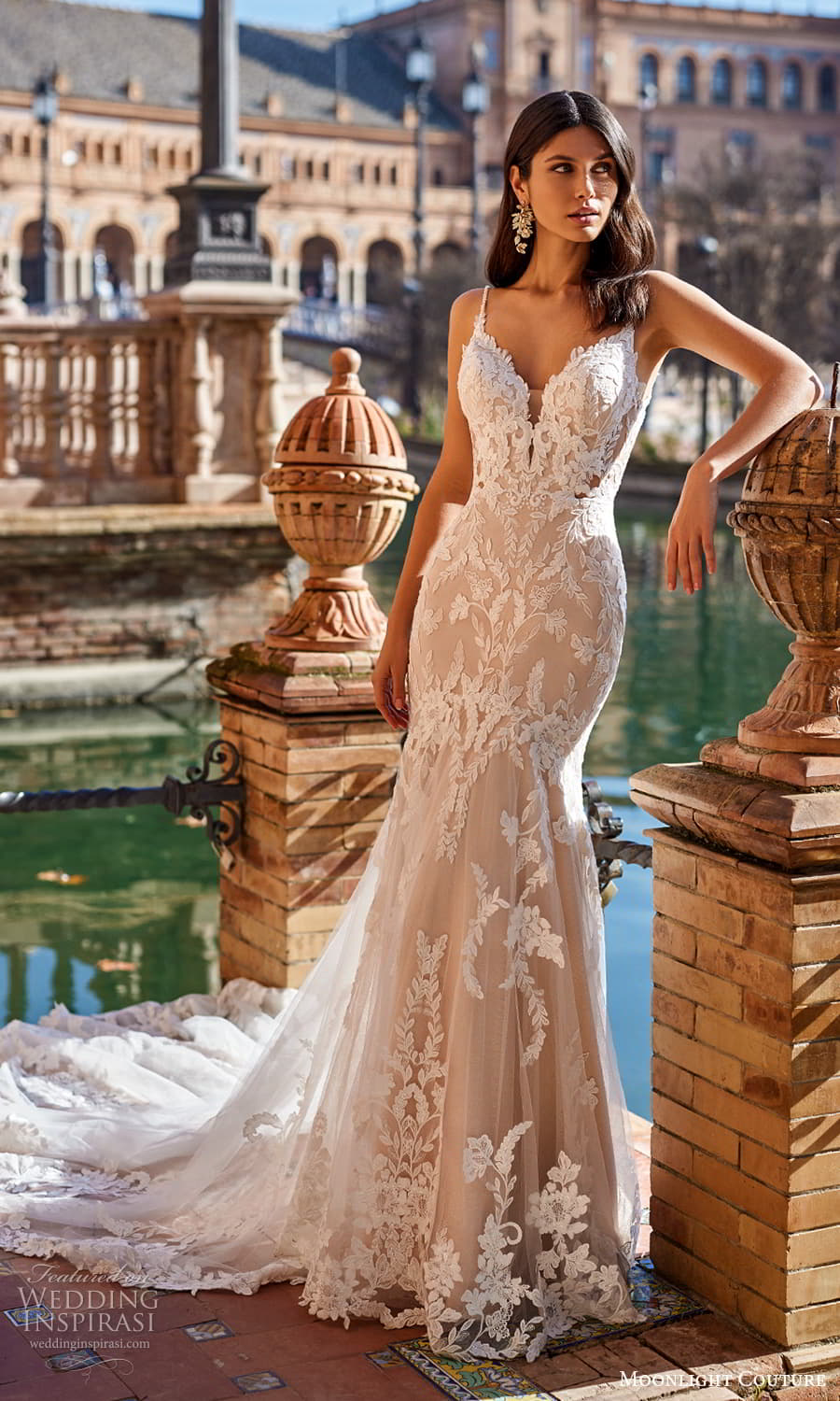 moonlight couture fall 2023 bridal sleeveless straps plunging sweetheart neckline fully embellished fit flare mermaid wedding dress chapel train (3) mv
