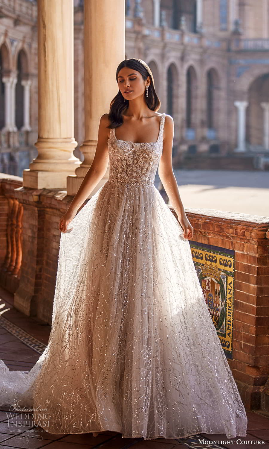 moonlight couture fall 2023 bridal sleeveless straps square neckline fully embellished a line ball gown wedding dress chapel train (1) mv