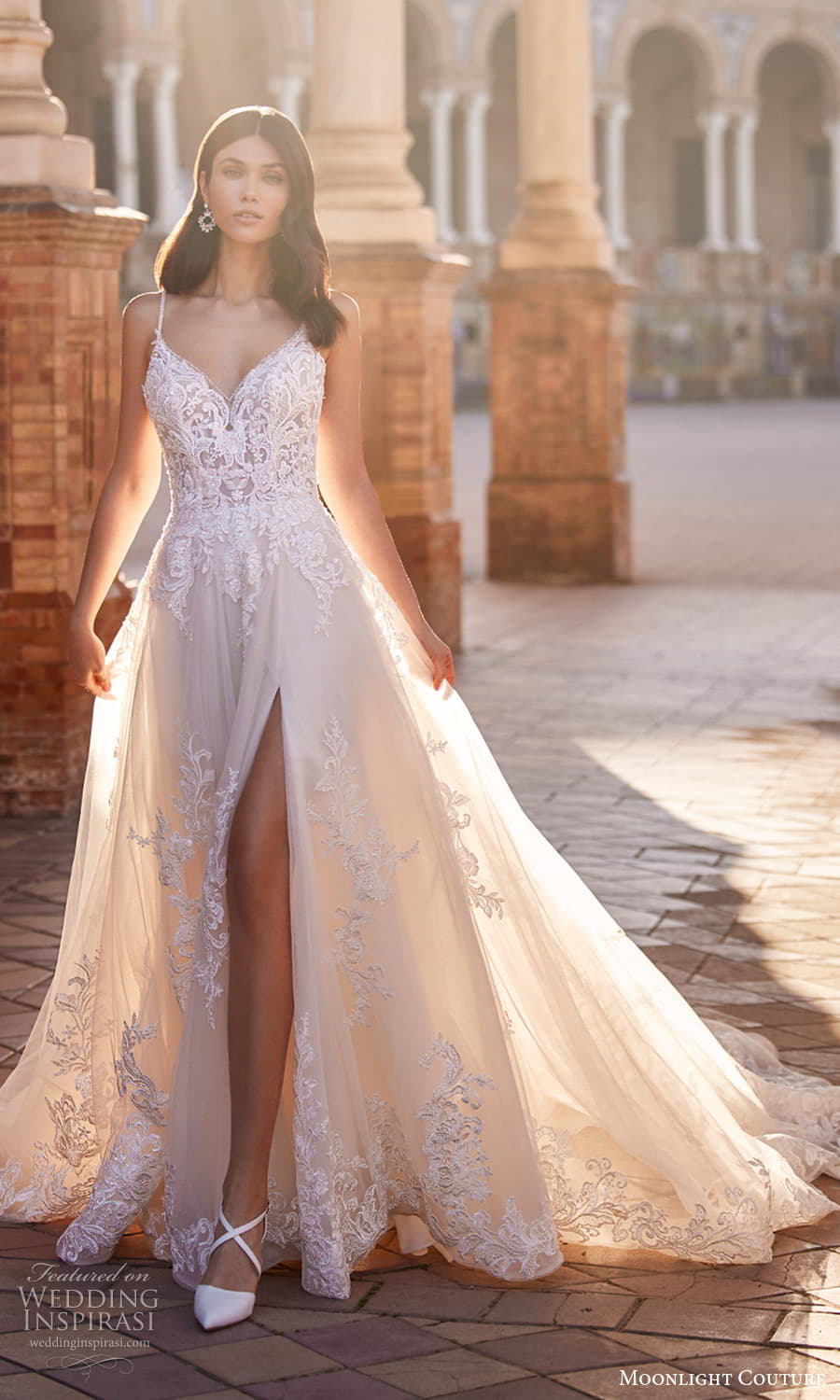 moonlight couture fall 2023 bridal sleevelesss straps sweetheart neckline heavily embellished bodice a line ball gown wedding dress chapel train (7) mv