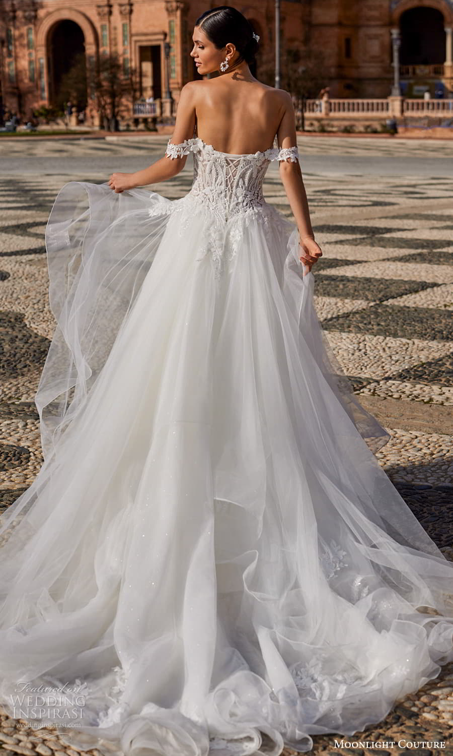 moonlight couture fall 2023 bridal swag sleeve off shoulder strap strapless sweetheart neckline embellished bodice a line ball gown wedding dress tiered skirt chapel train (6) bv