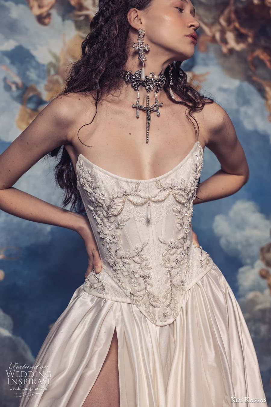kim kassas spring 2024 bridal strapless sweetheart corset bodice mermaid sheath a line ball gown wedding dress chapel train crown jewels Isabelle 1