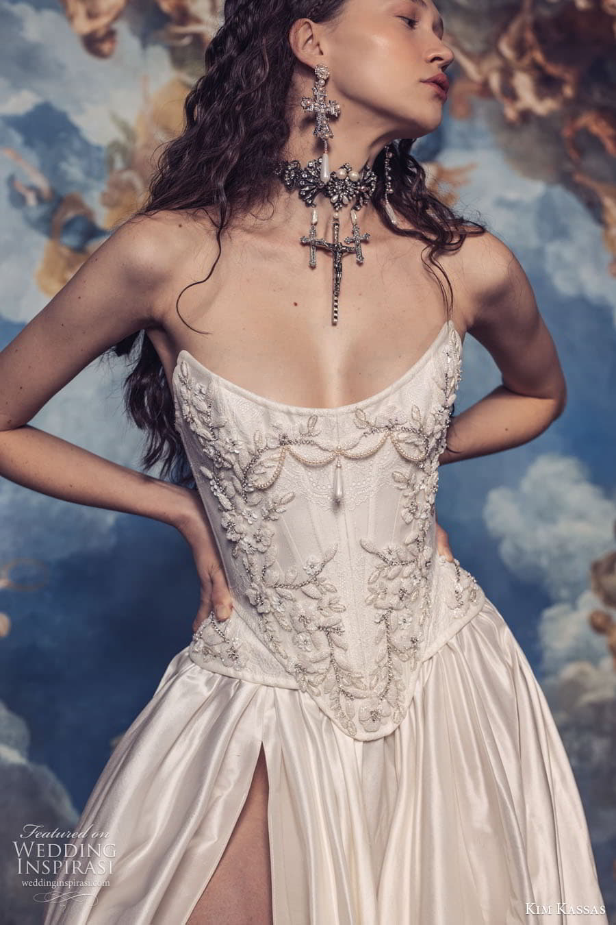 kim kassas spring 2024 bridal strapless sweetheart corset bodice mermaid sheath a line ball gown wedding dress chapel train crown jewels Isabelle 1 kim kassas spring 2024 bridal strapless sweetheart corset bodice mermaid sheath a line ball gown wedding dress chapel train crown jewels Isabelle 1