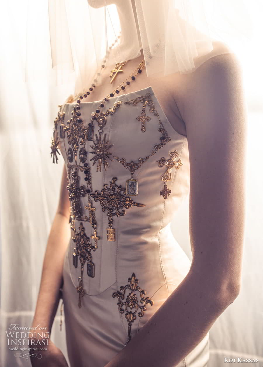 kim kassas spring 2024 bridal strapless sweetheart corset bodice mermaid sheath a line ball gown wedding dress chapel train crown jewels Vatican 1 kim kassas spring 2024 bridal strapless sweetheart corset bodice mermaid sheath a line ball gown wedding dress chapel train crown jewels Vatican 1
