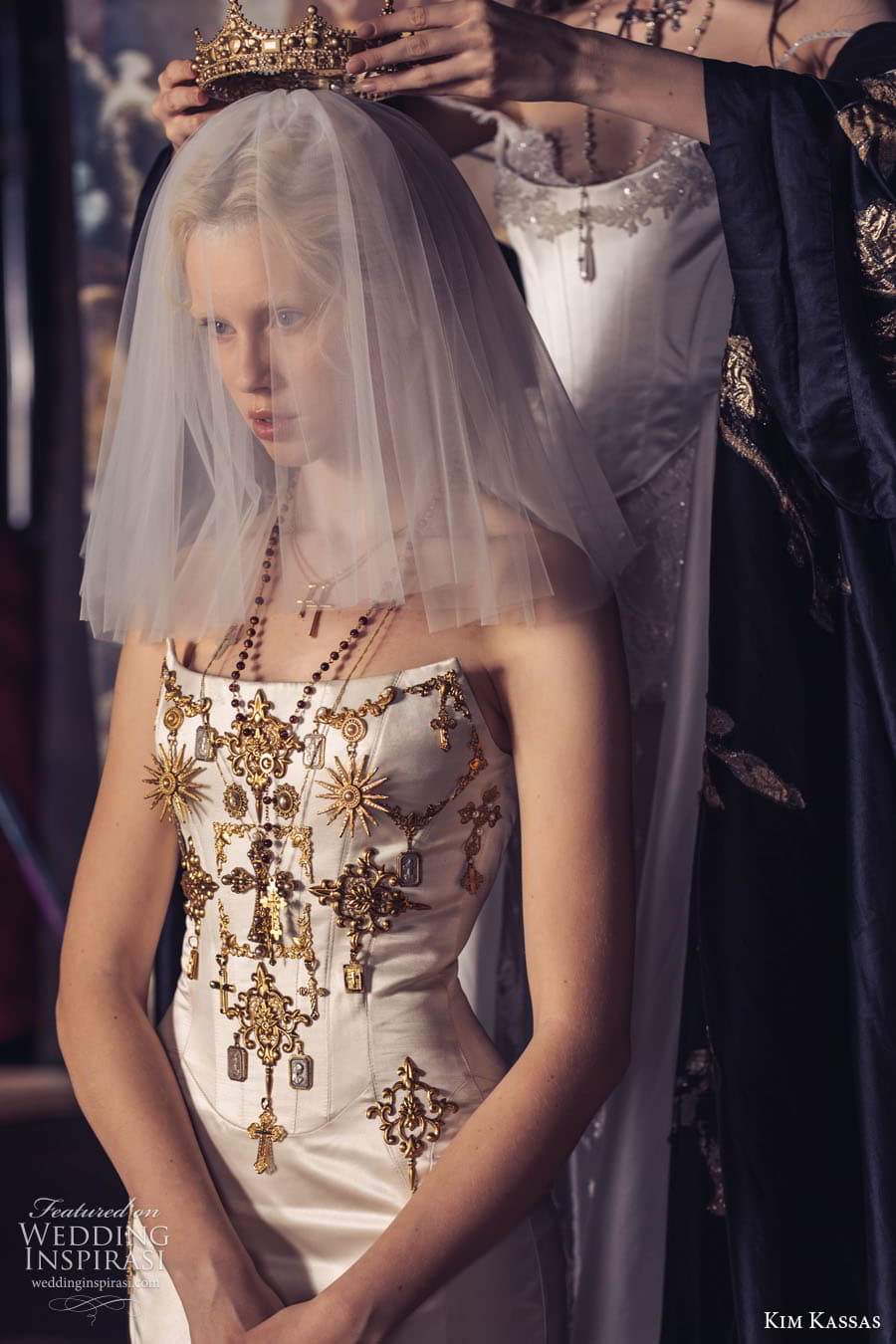 kim kassas spring 2024 bridal strapless sweetheart corset bodice mermaid sheath a line ball gown wedding dress chapel train crown jewels Vatican 2 kim kassas spring 2024 bridal strapless sweetheart corset bodice mermaid sheath a line ball gown wedding dress chapel train crown jewels Vatican 2