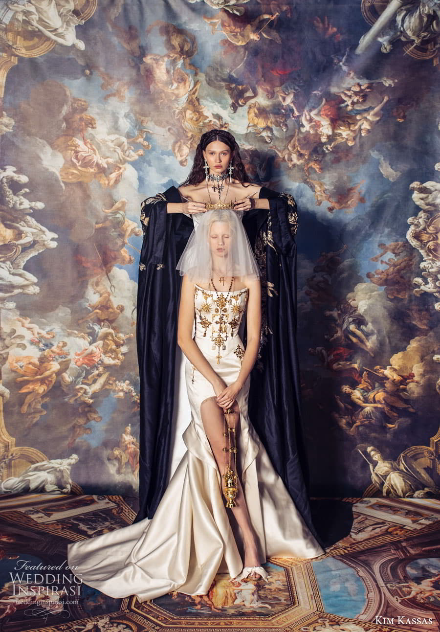 kim kassas spring 2024 bridal strapless sweetheart corset bodice mermaid sheath a line ball gown wedding dress chapel train crown jewels Vatican 3 kim kassas spring 2024 bridal strapless sweetheart corset bodice mermaid sheath a line ball gown wedding dress chapel train crown jewels Vatican 3