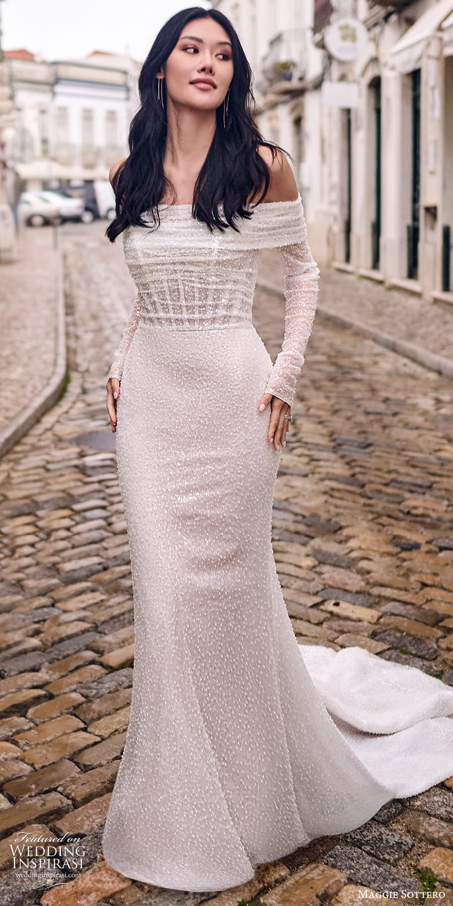 maggie sottero fall 2023 bridal sheer long sleeve off shoulder straight across necline ruched corset bodice sheath fit flare mermaid wedding dress chapel train (7) mv maggie sottero fall 2023 bridal sheer long sleeve off shoulder straight across necline ruched corset bodice sheath fit flare mermaid wedding dress chapel train (7) mv