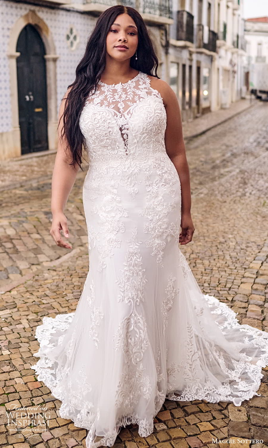 maggie sottero fall 2023 bridal sleeveless jewel halter neckline fully embellished lace fit flare mermaid plus size wedding dress chapel train (2) mv maggie sottero fall 2023 bridal sleeveless jewel halter neckline fully embellished lace fit flare mermaid plus size wedding dress chapel train (2) mv