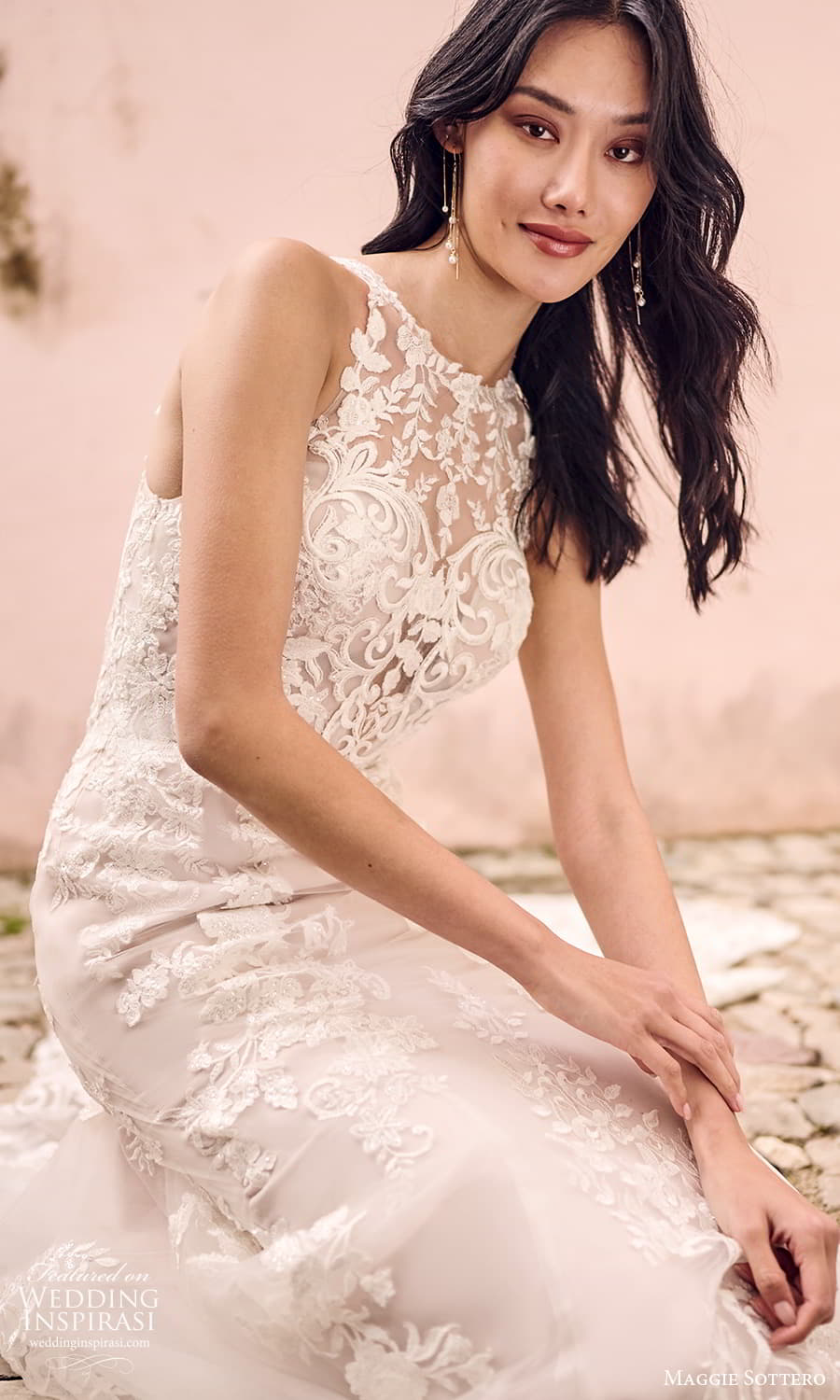 maggie sottero fall 2023 bridal sleeveless jewel halter neckline fully embellished lace fit flare mermaid wedding dress chapel train (2) zv maggie sottero fall 2023 bridal sleeveless jewel halter neckline fully embellished lace fit flare mermaid wedding dress chapel train (2) zv