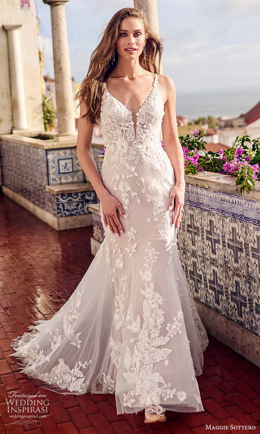 maggie sottero fall 2023 bridal sleeveless straps plunging v neckline fully embellished fit flare mermaid sheath wedding dress chapel train (11) mv