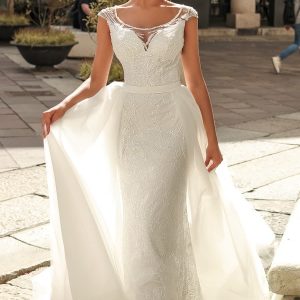 victoria soprano 2024 bridal cap sleeve wide crew jewel neckline embellished sheath fit flare mermaid wedding dress chapel train a lline overskirt (12) mv