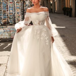 victoria soprano 2024 bridal sheer bishop sleeve thin straps sweetheart neckline embellished waist a line ball gown wedding dress chapel train (7) mv