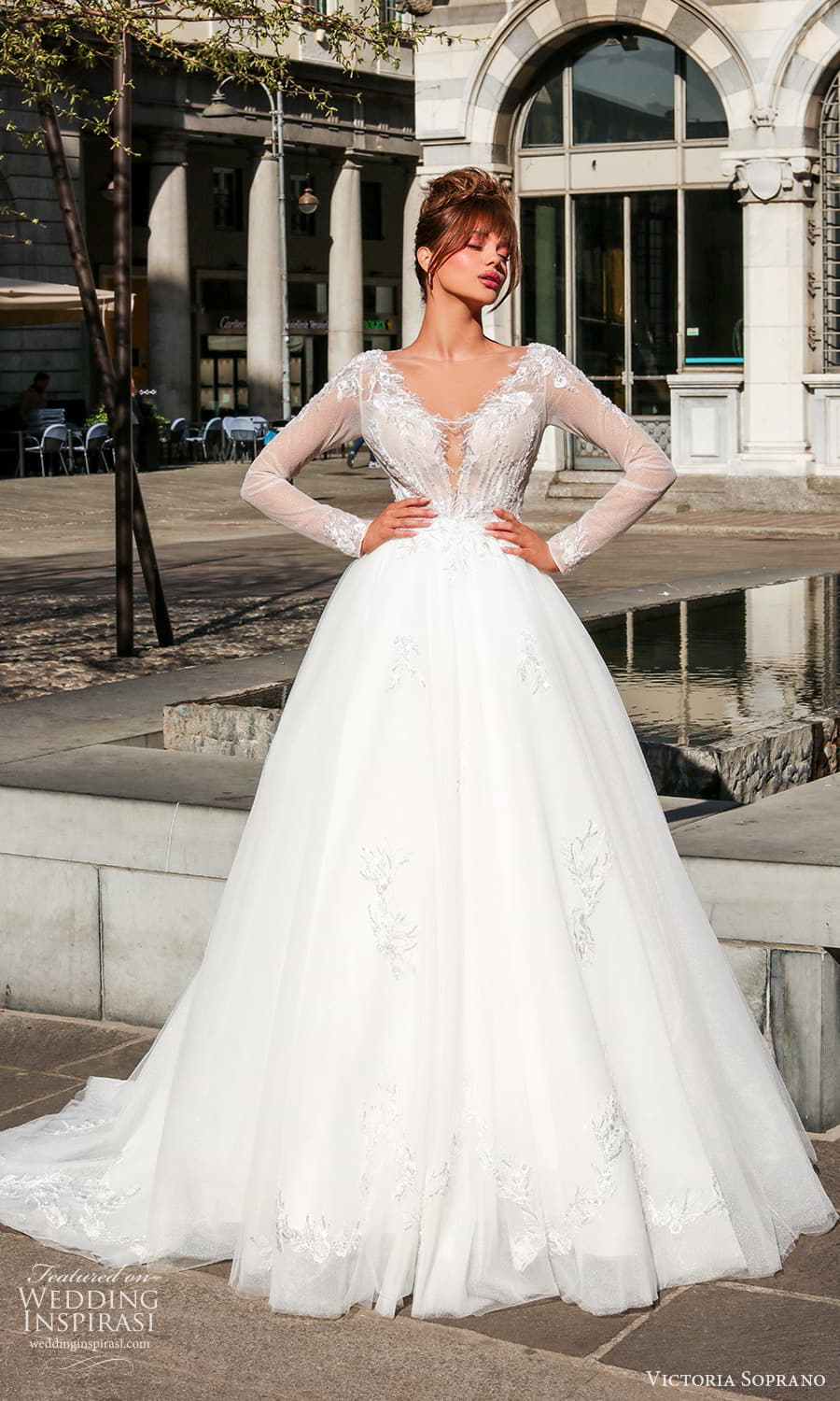 victoria soprano 2024 bridal sheer long sleeve v neckline embellished bodice a line ball gown wedding dress chapel train (27) mv