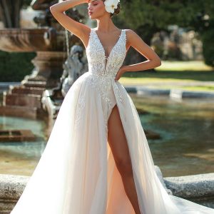 victoria soprano 2024 bridal sleeveless strap plunging v neckline embellished bodice a line ball gown wedding dress chapel train slit skirt blush (5) mv