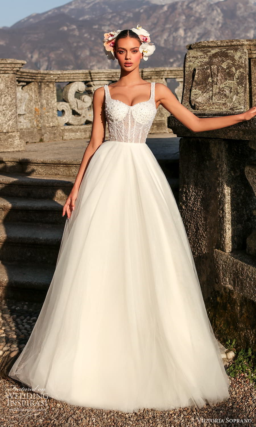 victoria soprano 2024 bridal sleeveless thick strap semi sweetheart square neckline heavily embellished bodice clean skirt a line ball gown wedding dress chapel train (28) mv