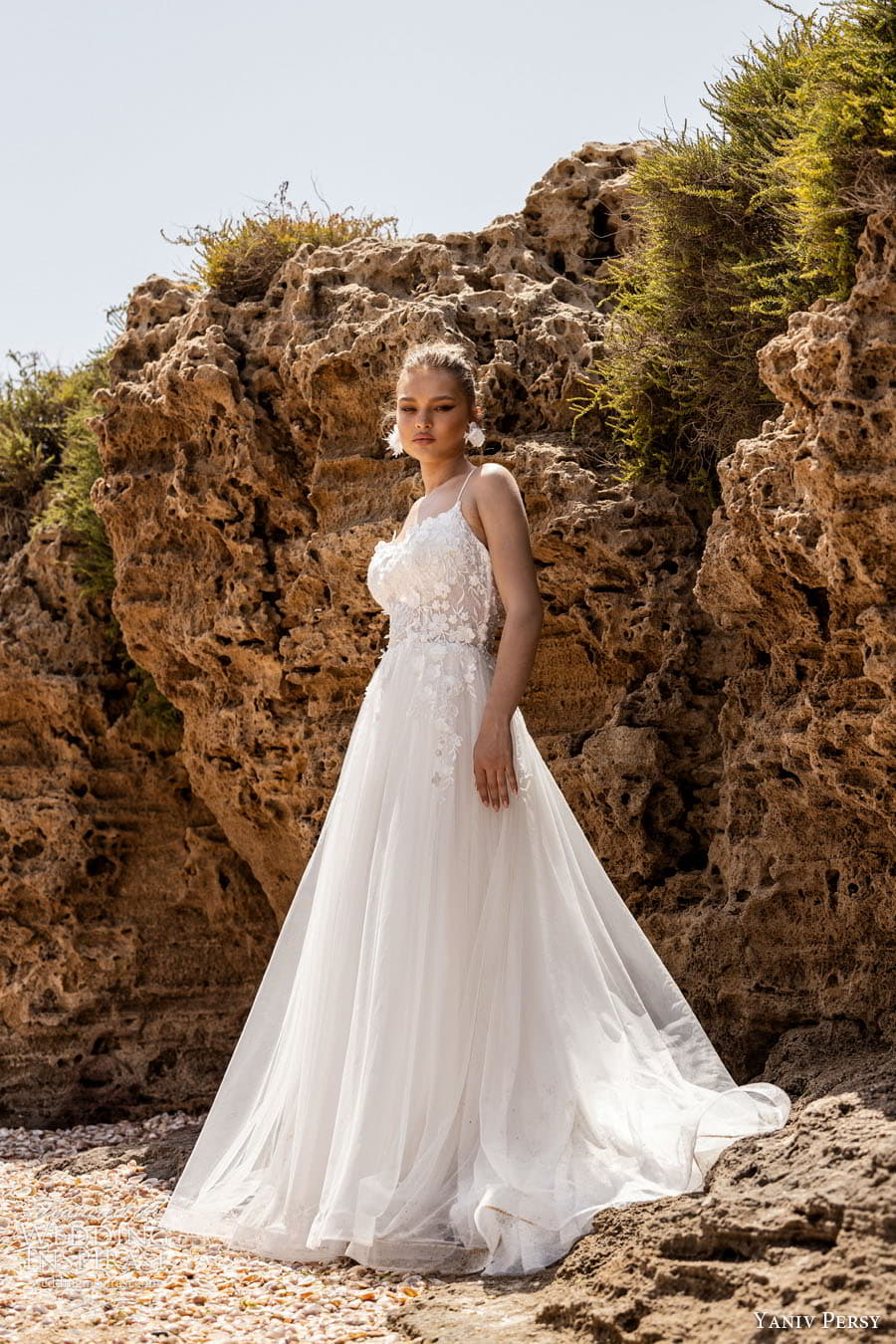 yaniv persy 2024 destinations bridal detached puff sleeves sleeveless straps plunging v semi sweetheart neckline fully embellished lace a line ballgown wedding dress chapel train chelsea mv