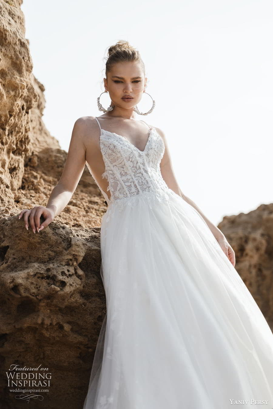 yaniv persy 2024 destinations bridal detached puff sleeves sleeveless straps plunging v semi sweetheart neckline fully embellished lace a line ballgown wedding dress chapel train elizabeth