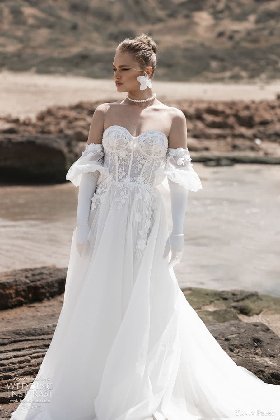 yaniv persy 2024 destinations bridal detached puff sleeves sleeveless straps plunging v semi sweetheart neckline fully embellished lace a line ballgown wedding dress chapel train maddison