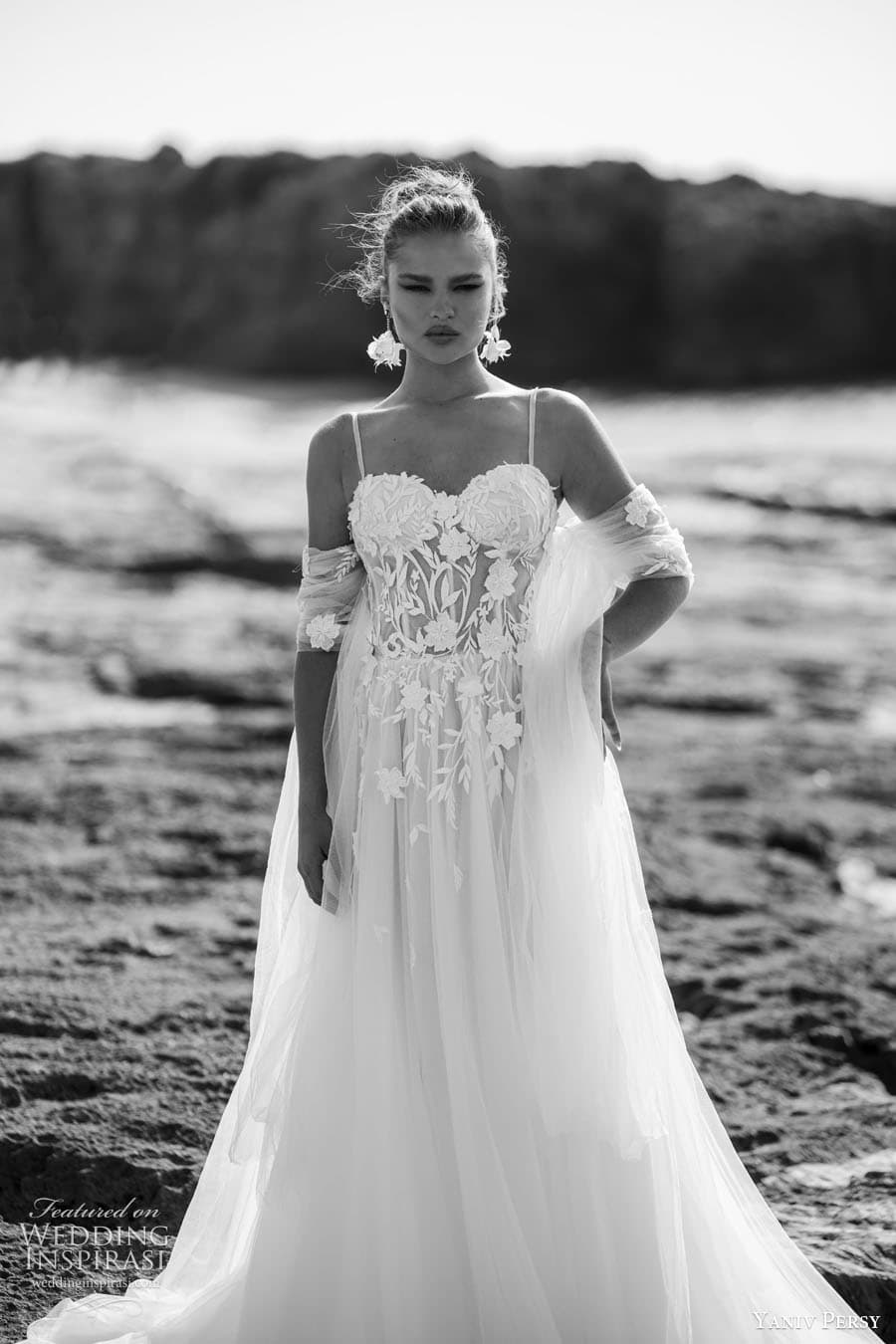 yaniv persy 2024 destinations bridal detached puff sleeves sleeveless straps plunging v semi sweetheart neckline fully embellished lace a line ballgown wedding dress chapel train rose bw