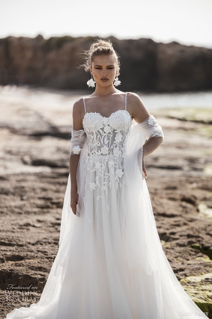 yaniv persy 2024 destinations bridal detached puff sleeves sleeveless straps plunging v semi sweetheart neckline fully embellished lace a line ballgown wedding dress chapel train rose color