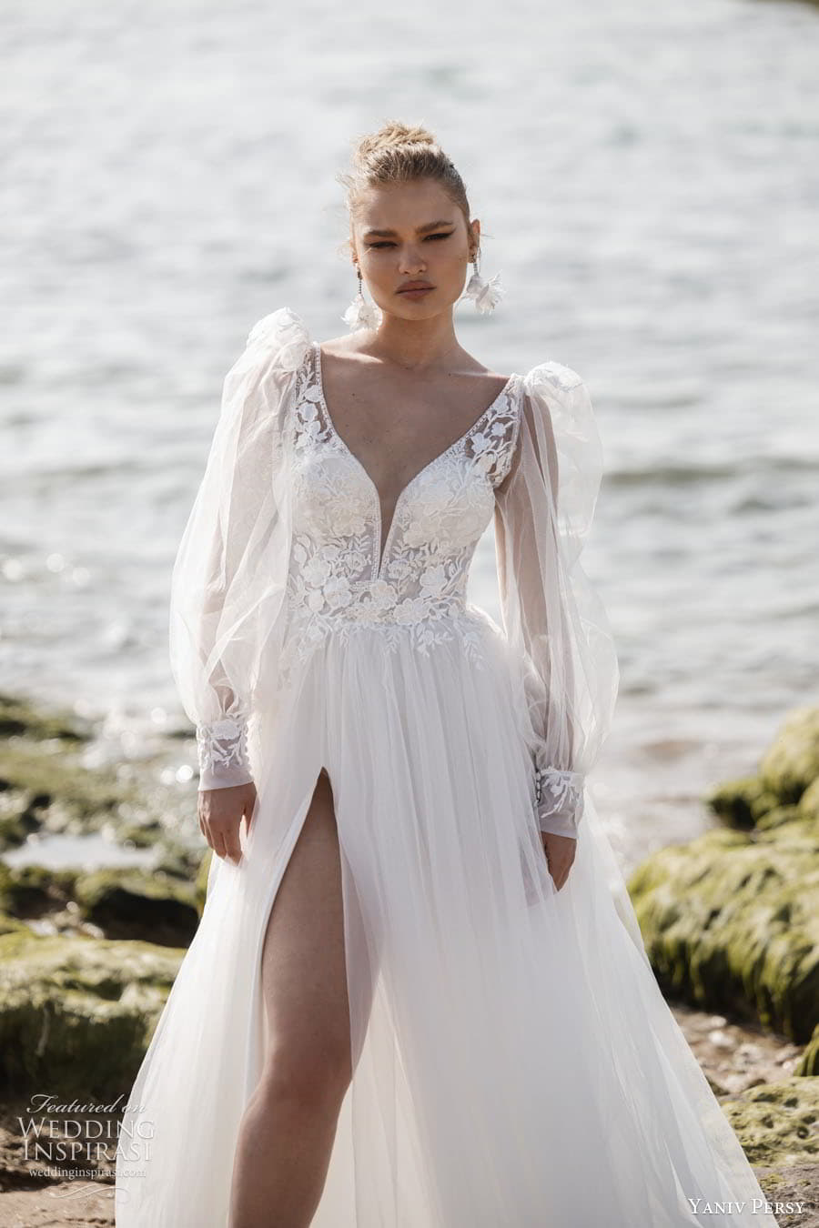 yaniv persy 2024 destinations bridal detached puff sleeves sleeveless straps plunging v semi sweetheart neckline fully embellished lace a line ballgown wedding dress chapel train sienna