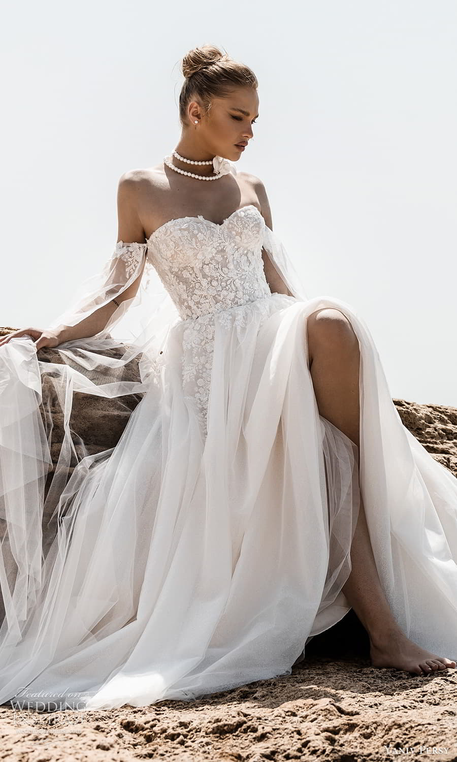 yaniv persy 2024 destinations bridal detached puff sleeves sleeveless straps plunging v semi sweetheart neckline fully embellished lace a line ballgown wedding dress chapel train valeria zv