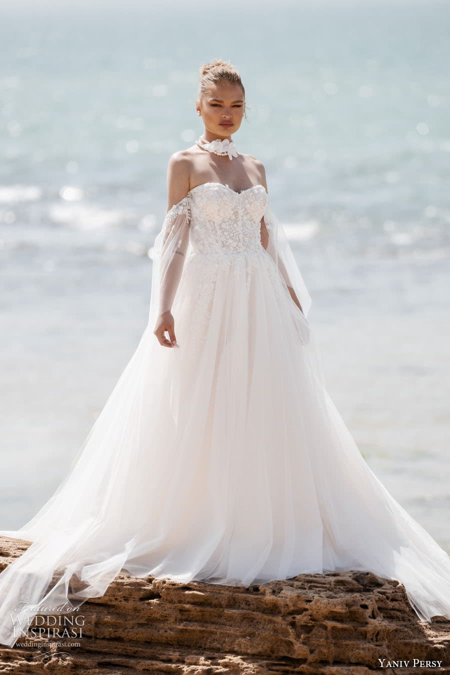 yaniv persy 2024 destinations bridal detached puff sleeves sleeveless straps plunging v semi sweetheart neckline fully embellished lace a line ballgown wedding dress chapel train valeria
