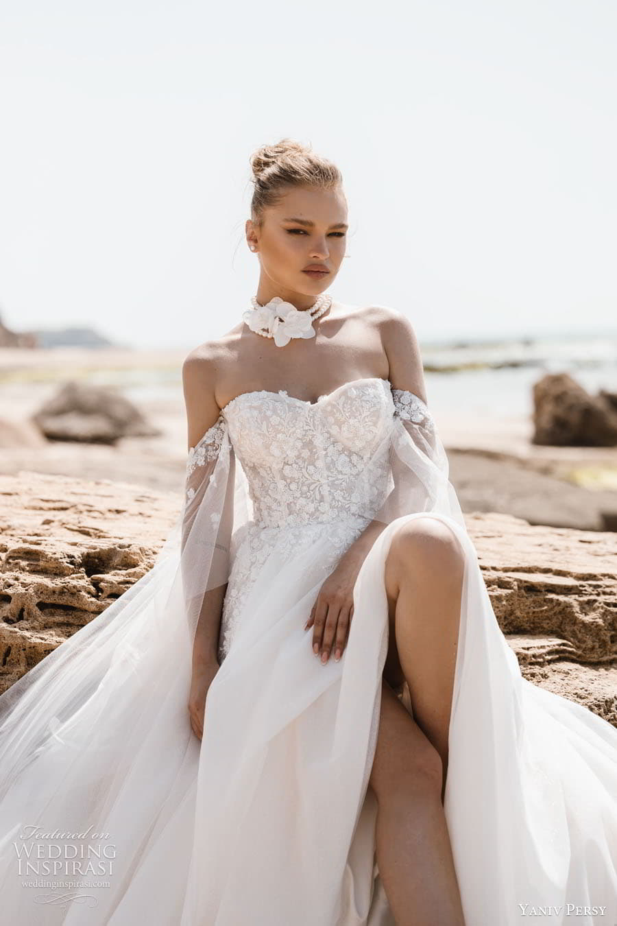 yaniv persy 2024 destinations bridal detached puff sleeves sleeveless straps plunging v semi sweetheart neckline fully embellished lace a line ballgown wedding dress chapel train valeria2