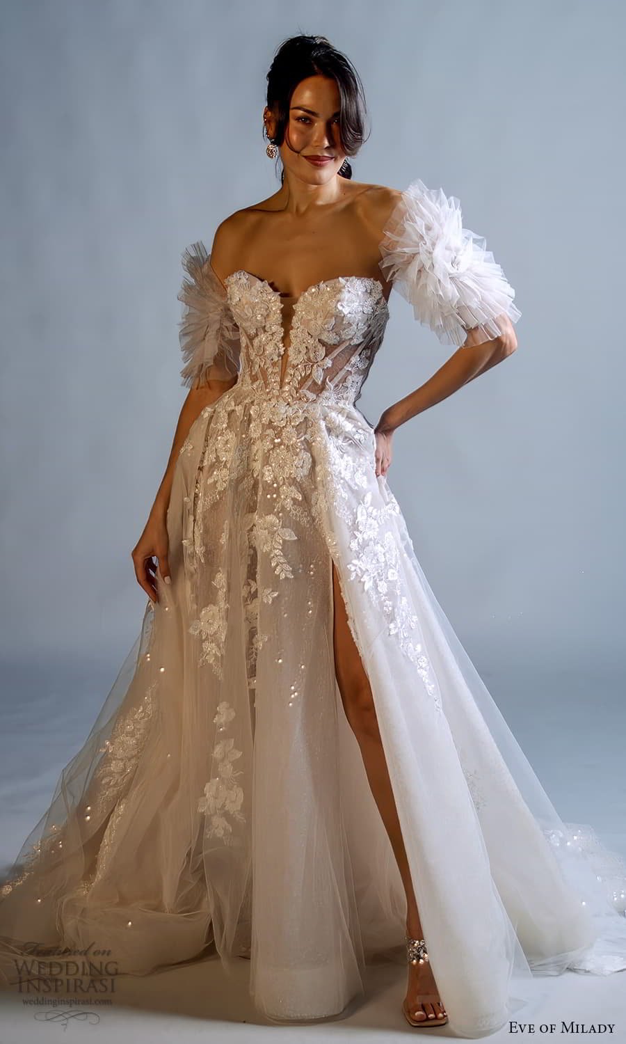 eve of milady spring 2024 bridal detached puff sleeve straplss sweetheart neckline heavily embellished corset bodice a line ball gown wedding dress chapel train (5) fv