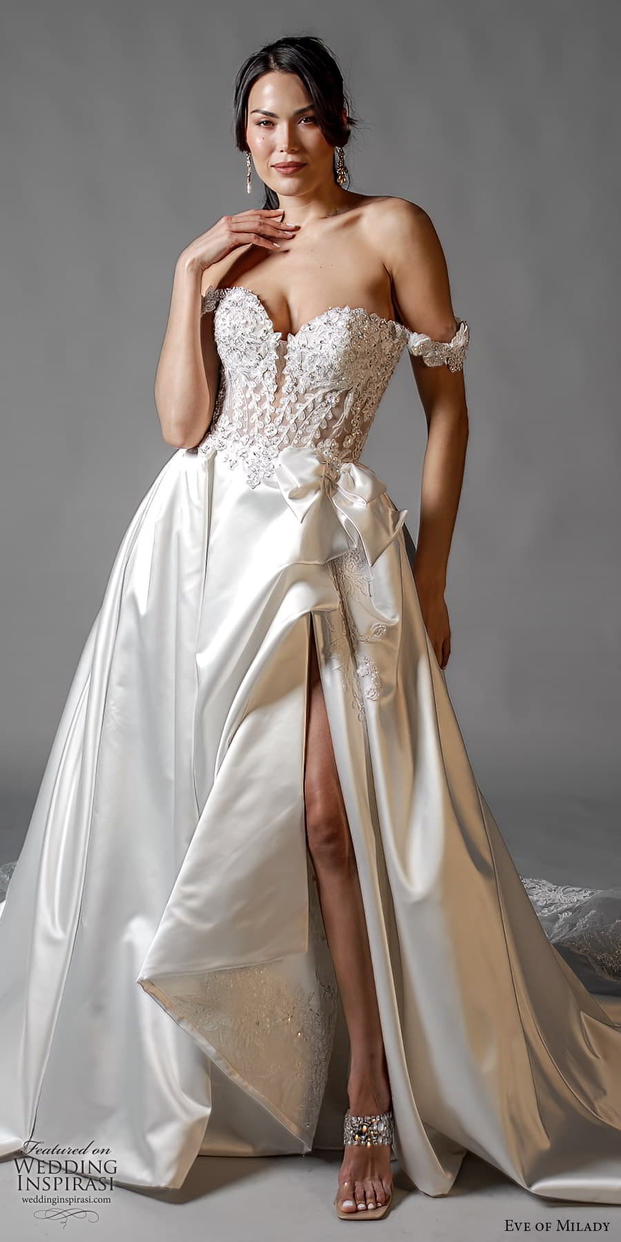 eve of milady spring 2024 bridal off shoulder strap swag sleeve sweetheart neckline heavily embellished bodice a line ball gown wedding dress slit skirt chapel train (3) lv