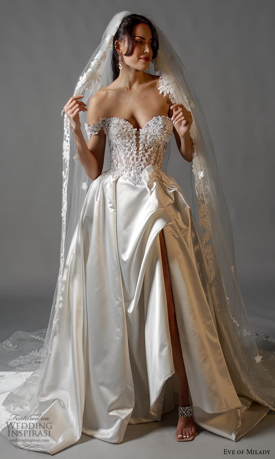 eve of milady spring 2024 bridal off shoulder strap swag sleeve sweetheart neckline heavily embellished bodice a line ball gown wedding dress slit skirt chapel train (3) mv