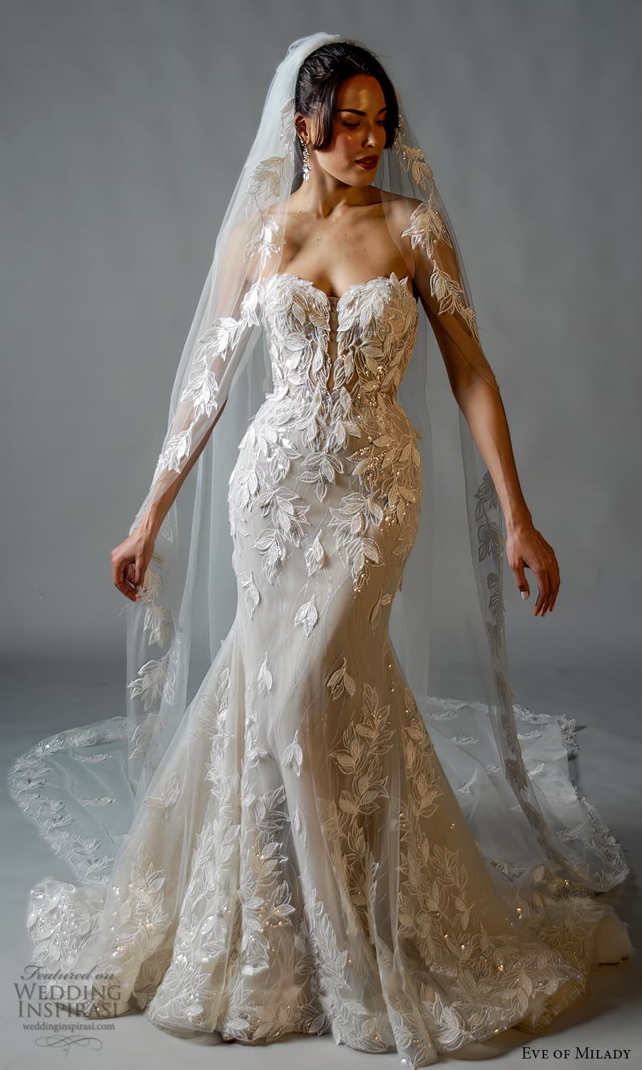 eve of milady spring 2024 bridal strapless sweetheart neckline fully embellished sheath fit flare mermaid wedding dress chapel train veil (1) mv