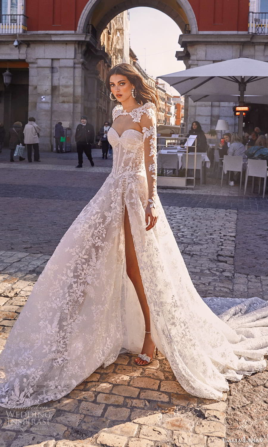 galia lahav spring 2024 gala bridal long sleeve top strapless sweetheart neckline fully embellished lace wedding dress a line wedding dress chapel train slit skirt (5) mv