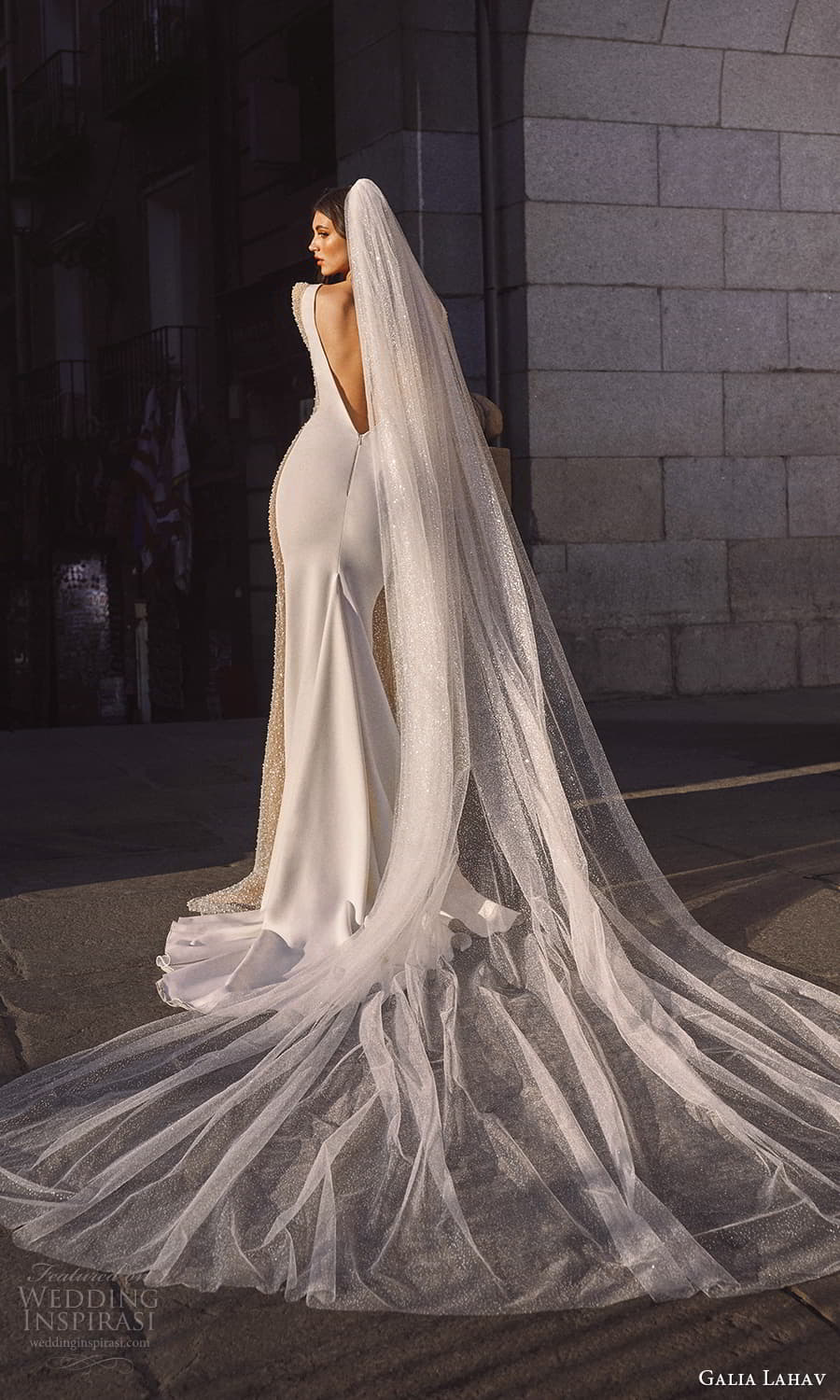 galia lahav spring 2024 gala bridal sheer long sleeve plunging v neckline minimalist fully embellished sheath wedding dress chapel train (6) bv