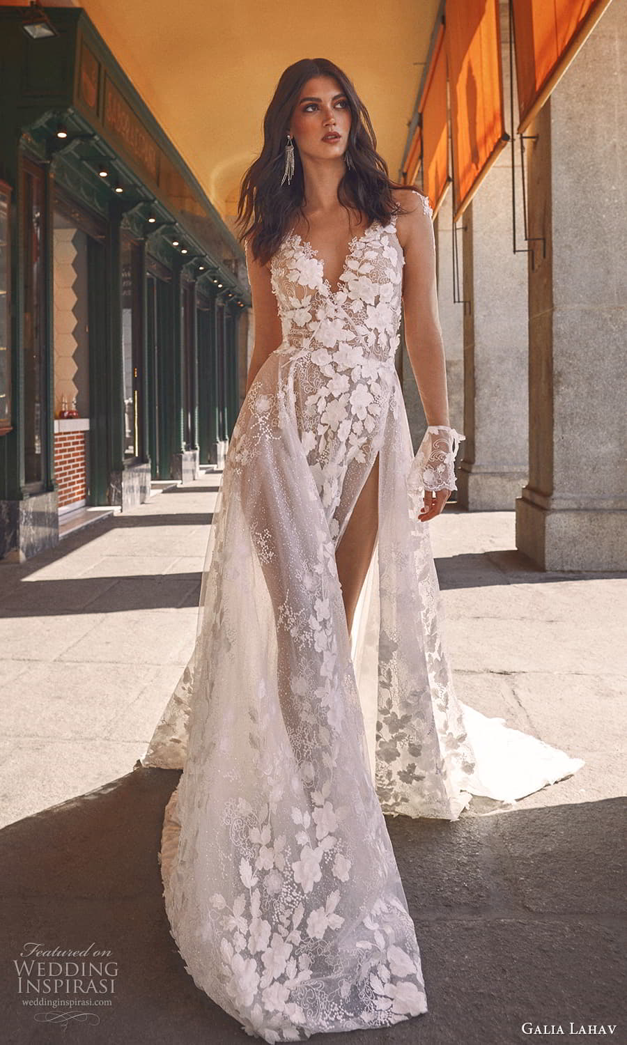 galia lahav spring 2024 gala bridal sheer long sleeve v neckline fully embellished a line ball gown wedding dress slit skirt chapel train (10) fv