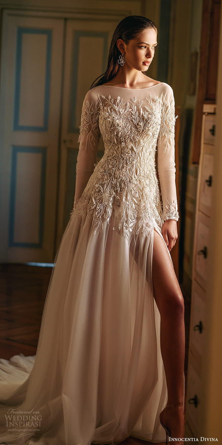 innocentia divina 2024 bridal long sleeve bateau neckline heavily embellished bodice a line wedding dress slit skirt chapel train (9) mv innocentia divina 2024 bridal long sleeve bateau neckline heavily embellished bodice a line wedding dress slit skirt chapel train (9) mv