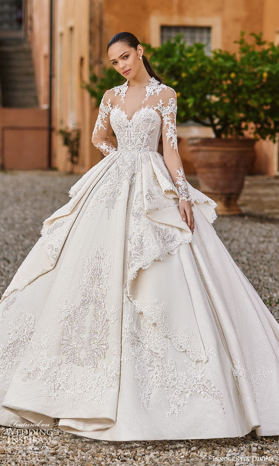 innocentia divina 2024 bridal sheer long sleeve sheer v neck sweetheart neckline embellished bodice a line ball gown wedding dress chapel train (8) mv